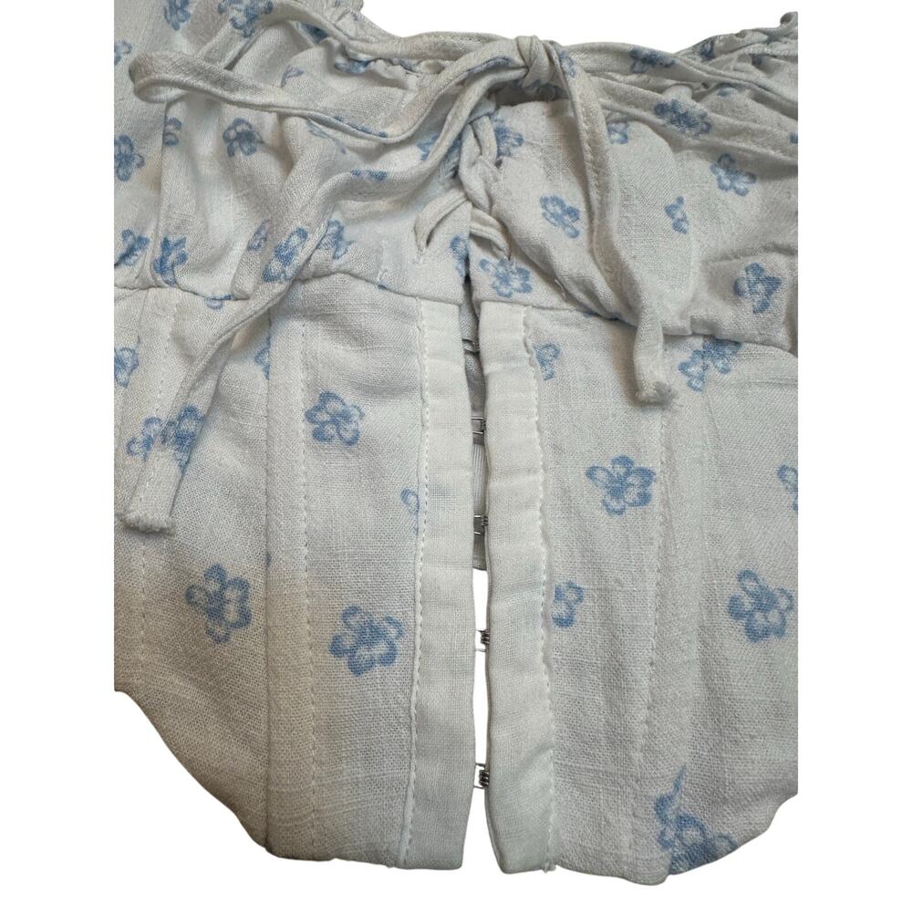 L.A. Hearts Floral Puff Sleeve‎ Corset Crop Top XS White Blue Linen Blend - Picture 3 of 10